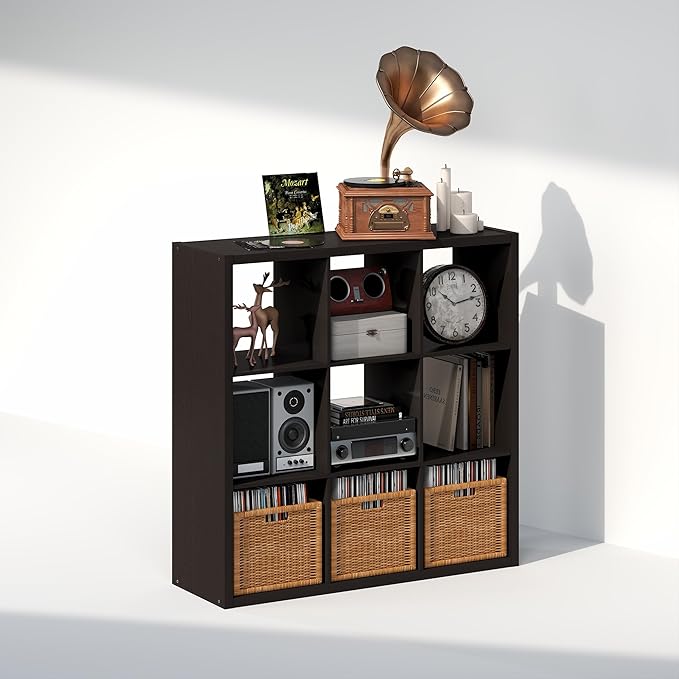 Furinno Cubicle Record Player Stand with Vinyl Storage, 9-Cube 1.2 Extra Thick Vinyl Record Storage, Open Back Media Shelf for CD DVD Blueray Game Disc, for Living Room, Home Office, Black Dark Oak