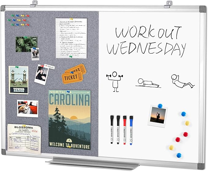 Combination Magnetic Whiteboard & Fabric Board,Dry Erase Board Bulletin Board 36x24inches Combo Vision Board for Wall,Home,School,Office
