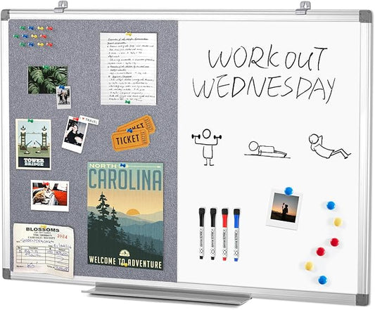 Combination Magnetic Whiteboard & Fabric Board,Dry Erase Board Bulletin Board 36x24inches Combo Vision Board for Wall,Home,School,Office