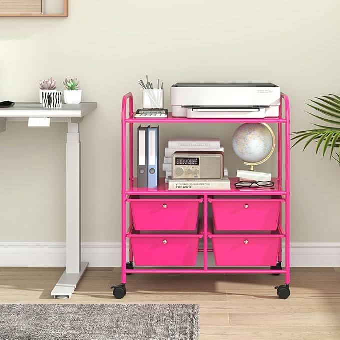 COSTWAY 4-Drawer Storage Cart, Mobile Storage Organizer w/Steel Frame & 360° Wheels, 4-Drawer Utility Cart for Living Room, Kitchen, Bathroom & Office, Hot Pink