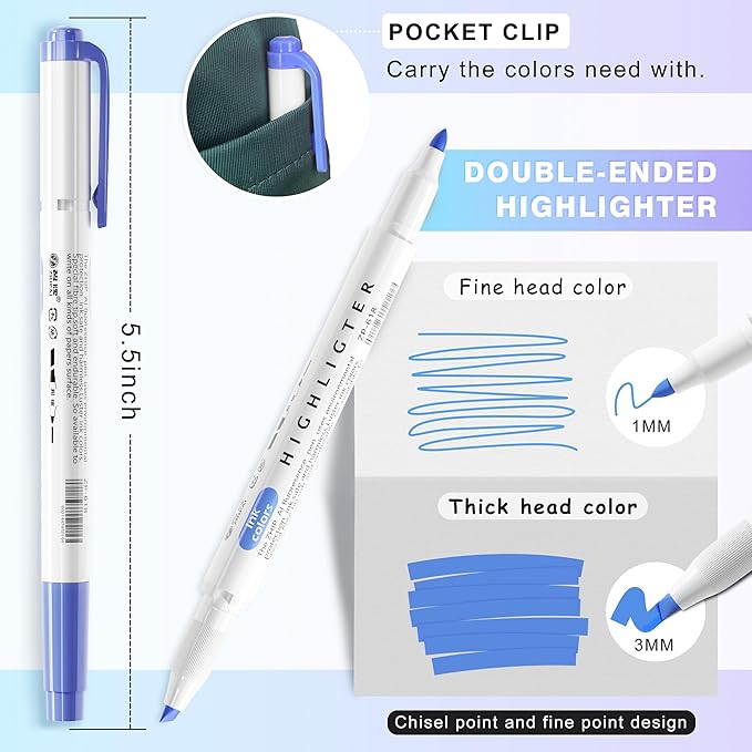 Double Ended Highlighters with Soft Chisel Tip, 25-Pack Quick Dry Assorted Colors, Pastel Highlighters Set for School/Office Journaling, Bible Assorted Colors