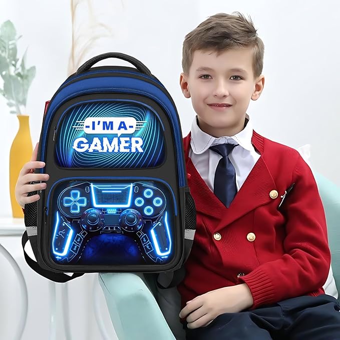 School Backpack for Boys - Gamer Boys Backpack for Kids Children Teens Elementary Middle School - 17″ Video Game Bookbag Travel Back Pack for Age 6-18