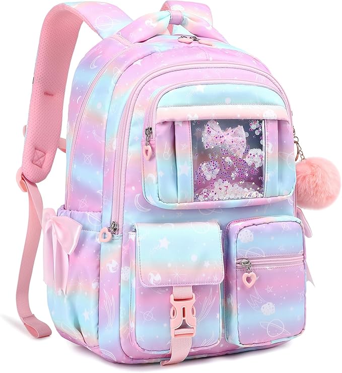 Kids Backpack for Girls - School Bags for Middle School Students - Book Bag for Elementary Primary - Kawaii Ita Backpack - Pink Planet