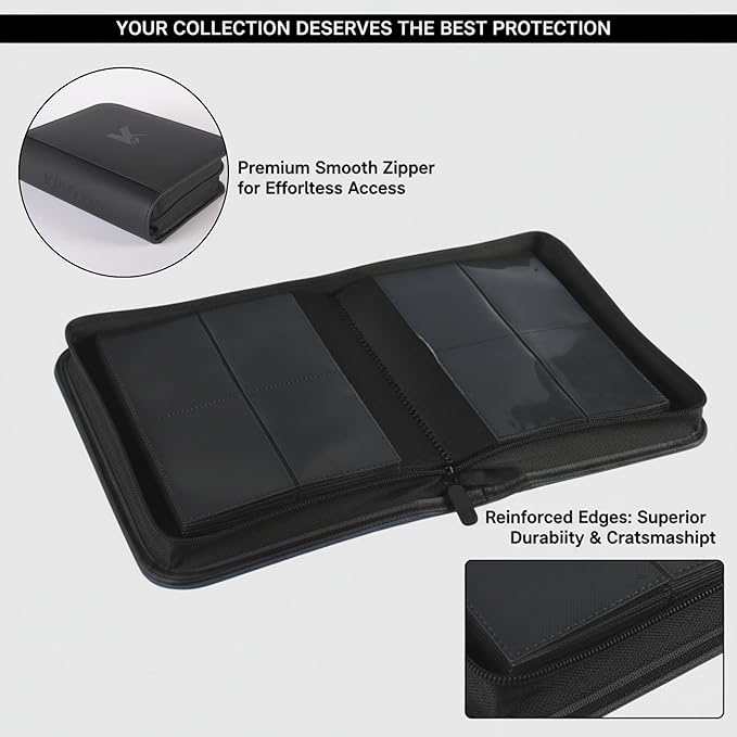 336 Card Binder, 4-Pocket Zipper Binder for Trading Cards, Side Loading Water-Resistant Album for MTG, TCG & Sports Cards (Black)