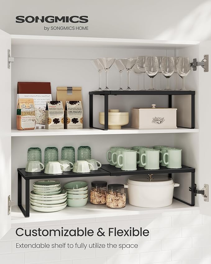 SONGMICS Set of 2 Expandable Pantry Kitchen Organizers, Adjustable Spice Rack, Stackable Cabinet Organizers, Metal, Space-Saving Tabletop Shelves, Matte Black UKCS402B01 (Pack of 2)
