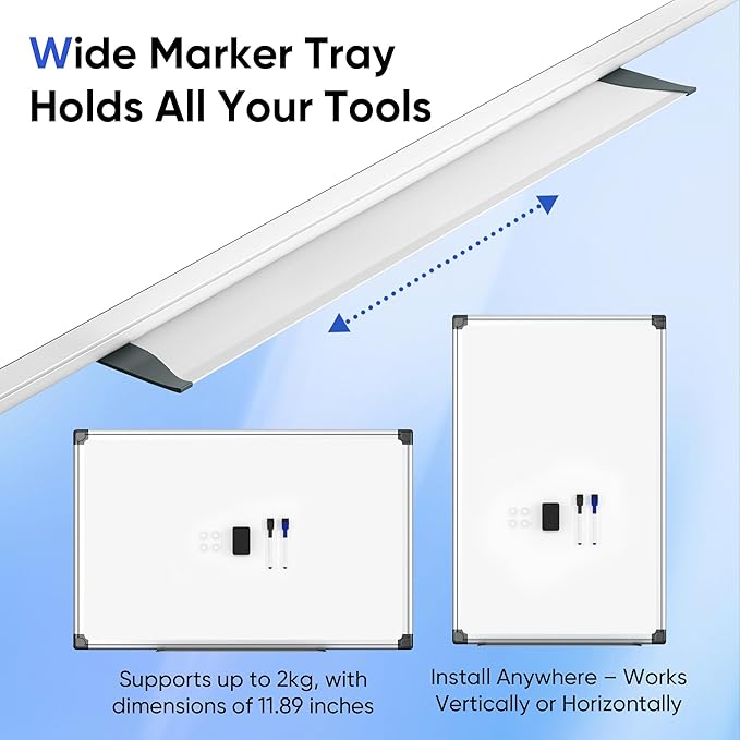 Magnetic White Board Hanging 36" x 24" for Wall, Dry Erase Board for Office, School, Home, Silver Frame, Includes Eraser, Markers, Magnets, Pen Tray