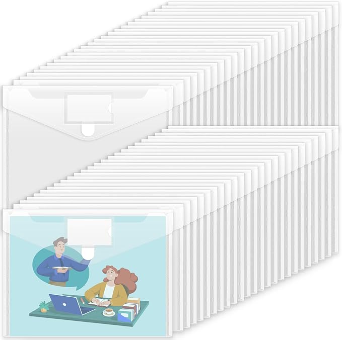 Sooez 50 Pack Plastic Envelopes Poly Envelopes, Clear Document Flie Folders US Letter A4 Size File Envelopes with Label Pocket for School Home Work Office Organization, Clear