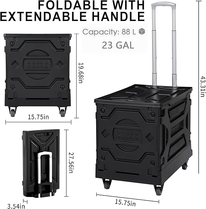 VECELO Foldable Shopping Cart with Wheels, Collapsible Rolling Crate for Groceries, Folding Storage Box with Handle, Three Modes of Use, Ideal for Teacher, Trip, Outdoors, Etc., 23GAL,Black
