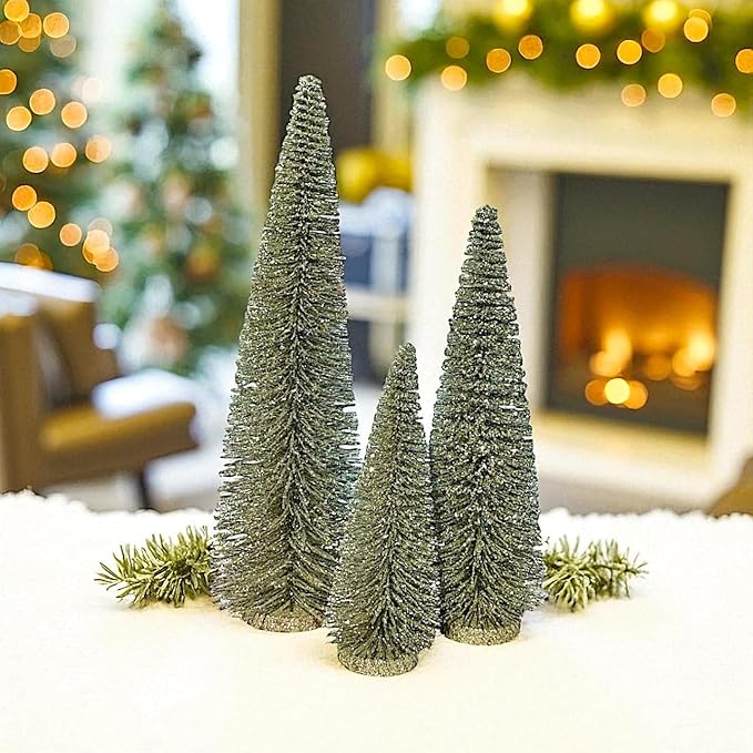 RAZ Imports Set of 3 Bottle Brush Trees – 17”, 14”, 9” Modern Christmas Holiday Winter Décor – Glittery Tabletop Mini Trees for Home Office Shelf Desk Mantel Fireplace Decoration (Champagne Green)