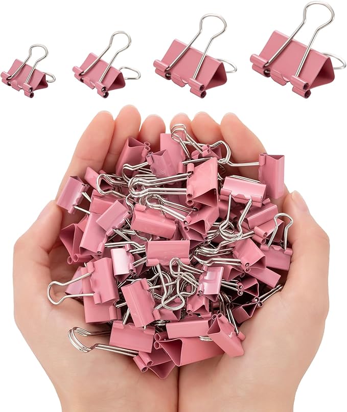 Binder Clip Paper Clamps, Assorted Sizes (Mini, Small, Medium, Large), 100 Pcs Clips for Office School Supplies (Pink)