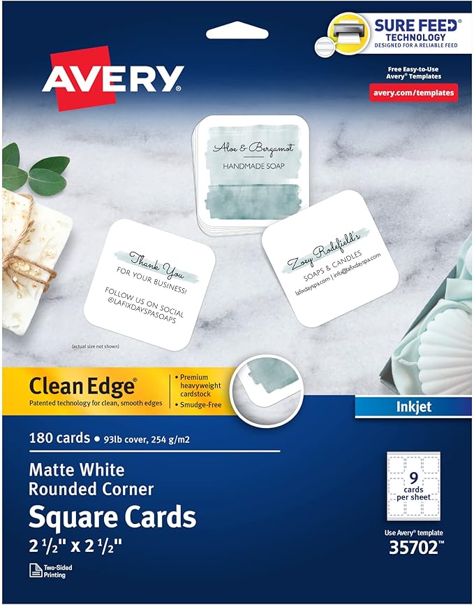Avery Clean Edge Printable Square Cards with Sure Feed Technology, Rounded Corners, 2.5" x 2.5", Matte White, Inkjet Printer Compatible, 180 Blank Cards Total (35702)