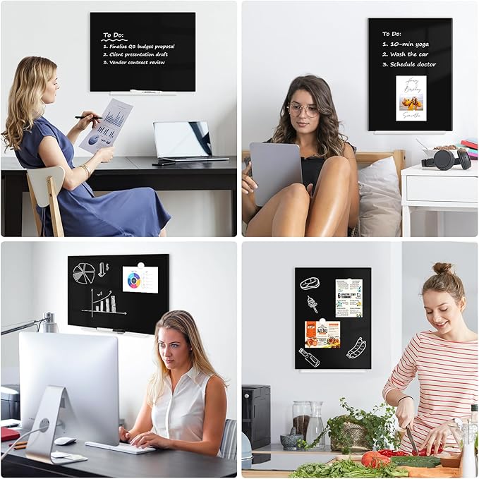 Magnetic Glass Whiteboard for Wall, 16" x 12" Glass Dry Erase Board, Frameless White Board for Home and Office - Black