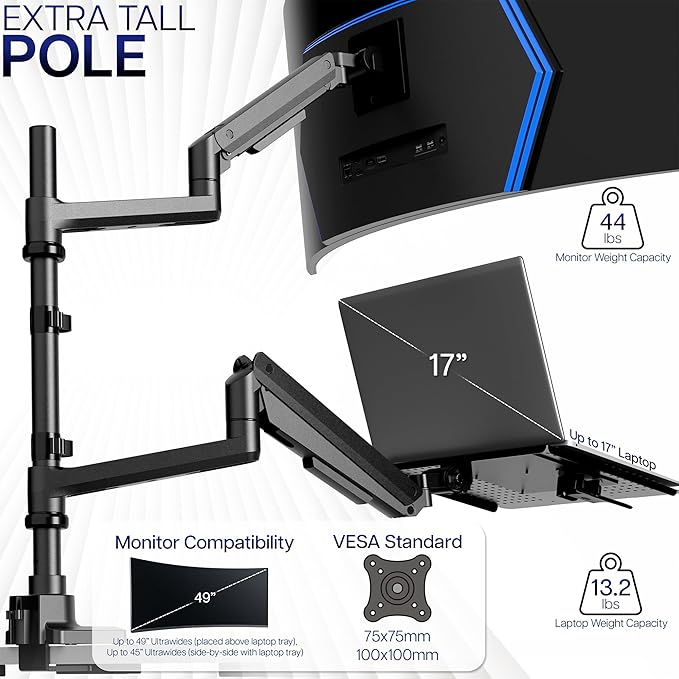 VIVO Pneumatic Arm Ultrawide Monitor Extra Tall Desk Mount for Up to 49 inch Screens and Laptop Tray for Up to 17 inch Notebooks, Holds Ultra-Wides Up to 44 lbs, Black, STAND-V120K-L