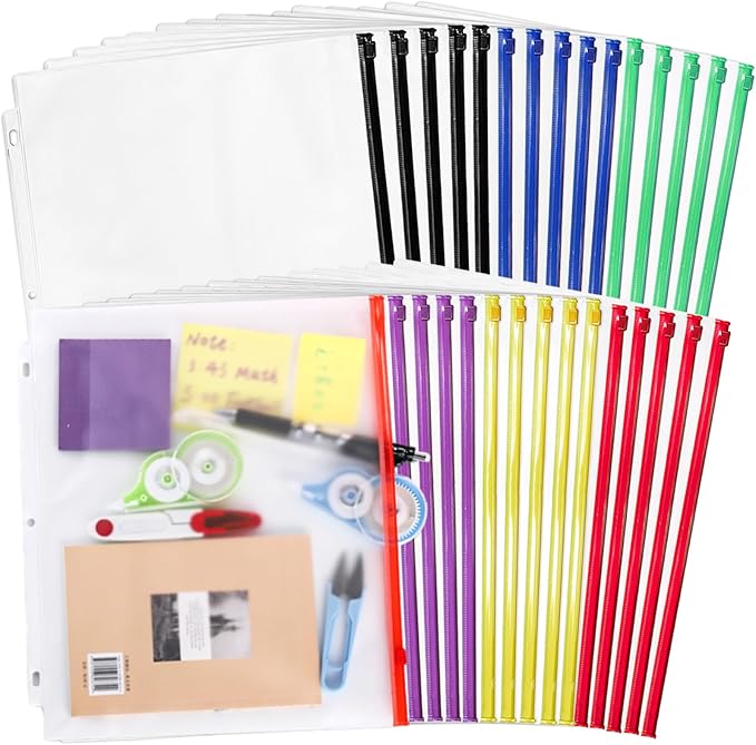 30 Pack Binder Pockets, 3 Ring Hole Binder Pouch, 11" × 9" Letter Size Binder Pockets with Zipper, PVC Loose Leaf Binder Sleeves Storage Bags for Files, Documents