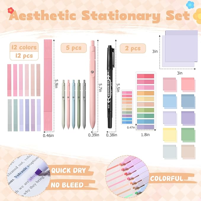 49Pcs Book Annotation Kit - Aesthetic School Supplies with Cute Pen Case Highlighters Gel Pens and Marker, Sheets Transparent Index Tabs Sticky Notes Bible Study Supplies(Black)