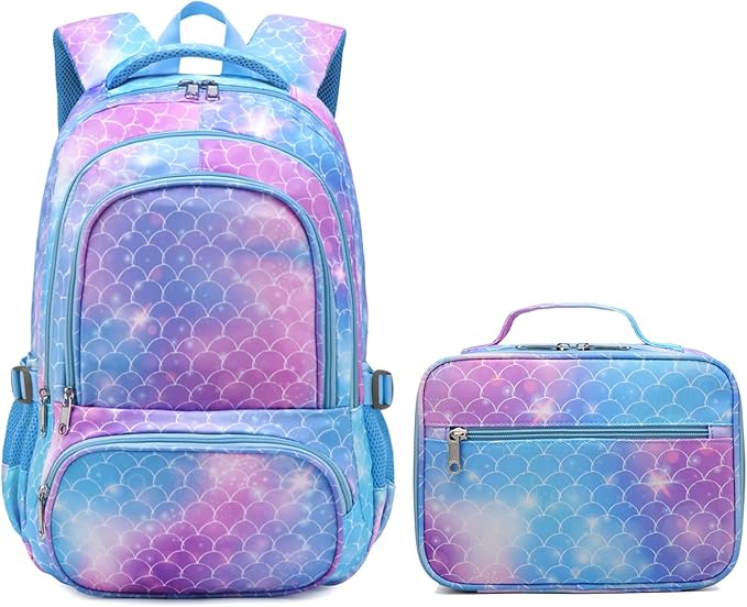 BLUEFAIRY Girls Mermaid Backpack Set with Lunch Box - Lightweight School Bookbag for Kids Aged 4-8