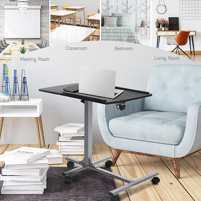 COSTWAY Rolling Laptop Stand, Mobile Laptop Tray and Cart with 45 ° Degree Swivel Tilting Tabletop, Height Adjustable Mobile Podium from 24.5'' to 36'', Overbed Computer Table for Sofa, Bed