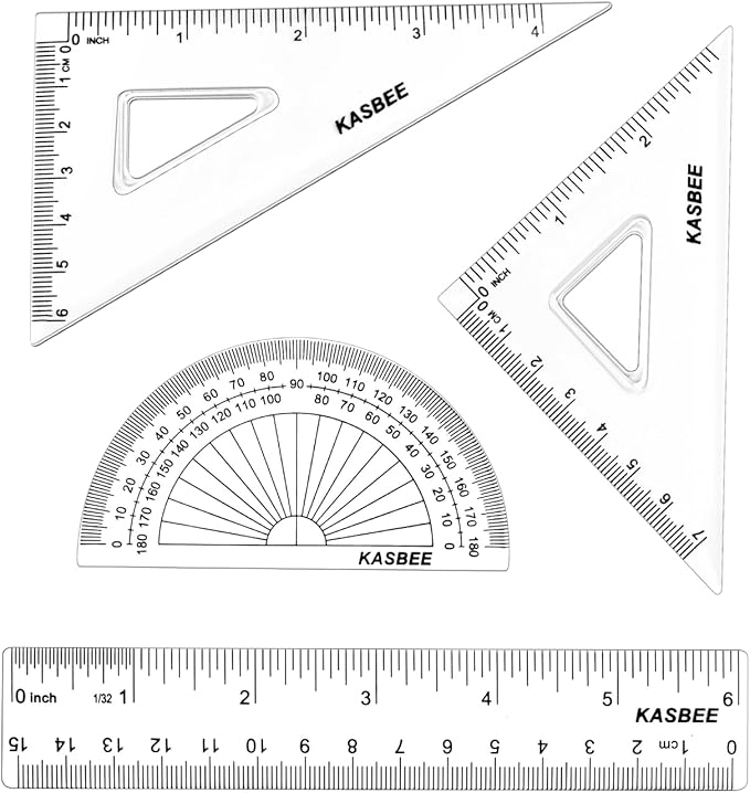 Geometry Set, 4PCS Geometry Kit for Students, Clear Protector, 6in Ruler, 2 Triangles, Metric and Imperial Scales