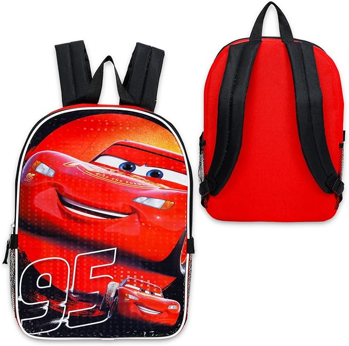 Disney Cars Backpack with Lunch Box Set - Bundle with 16'' Lightning McQueen Backpack, Lunch Bag, Water Bottle, Stickers, More | Disney Cars School Bag for Boys, Kids