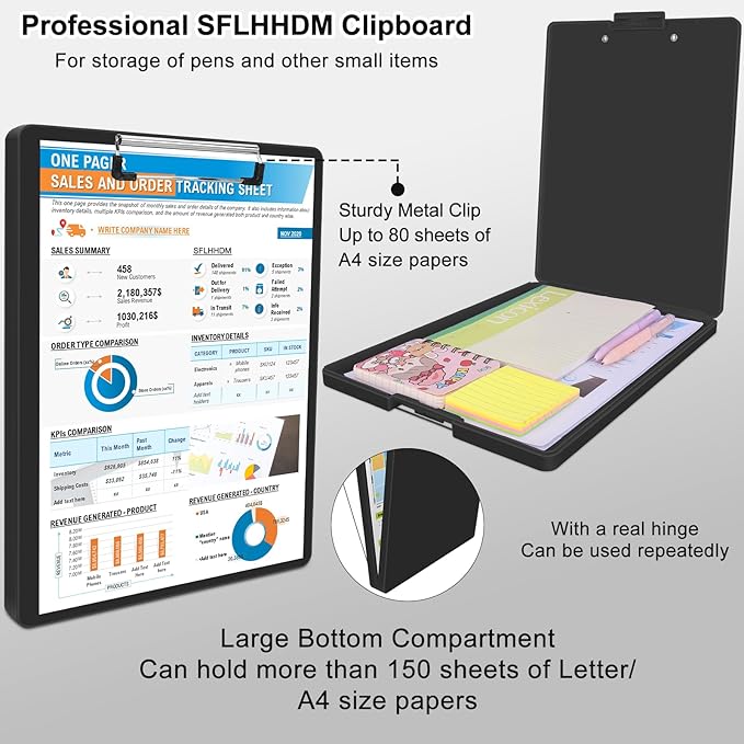 SFLHHDM Clipboard with Storage,Heavy Duty Clip Boards 8.5x11 with 2 Storage Case,Clear Visible Panel Storage Clipboards,Side Opening Nursing Clipboard Folder for Office Supplies-Inky-Black
