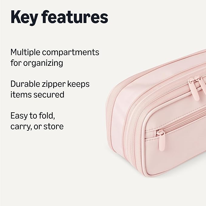 Amazon Basics Large Capacity Pencil Case with Durable Zipper, Multi-Compartment, Rose Mild