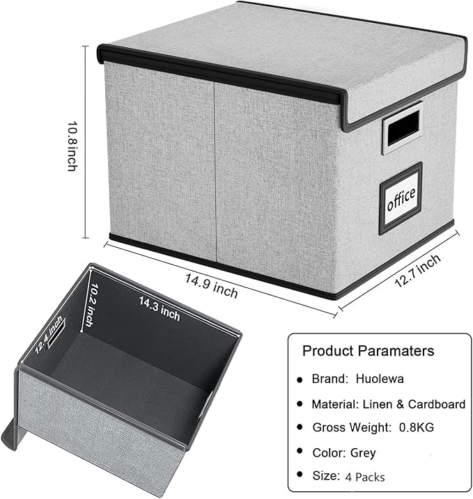 Huolewa Portable File Organizer Boxes Set of 4, Large Linen Hanging Office Document Storage Boxes with Lids, Collapsible Filing & Storage Boxes for Office/Decor/Home - 14.9 x 12.7 x 10.8 inch
