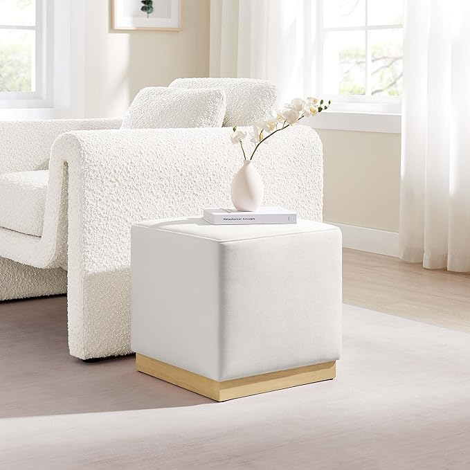 Modway Tilden 17 Inch Square Performance Velvet Upholstered Ottoman in Alabaster Natural - Small Ottoman Foot Rest with Rubberwood Plinth Base - Living Room Ottoman Side Table,