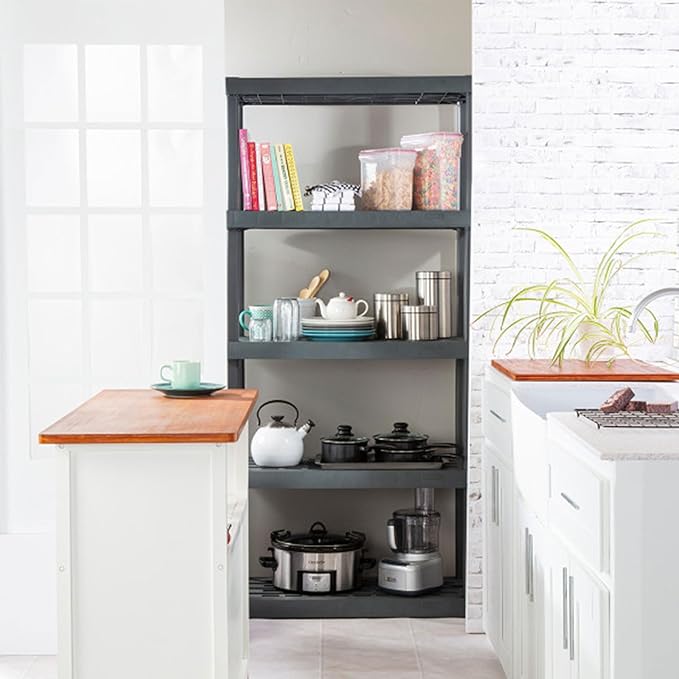 Sterilite 5 Shelf Plastic Storage Unit Bundled with Easy to Assemble Storage Cabinet for Garage, Pantry & Kitchen Organization, 4 Shelves, Gray
