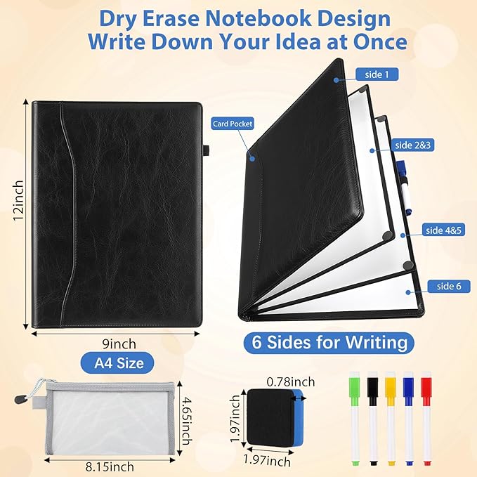6 Sides Dry Erase Whiteboards Notebook Portable 12"x9"(a4) Small Reusable Whiteboard Notebook Foldable Anti-ghosting Surface, Travel White Board for Office Study Meeting Planning