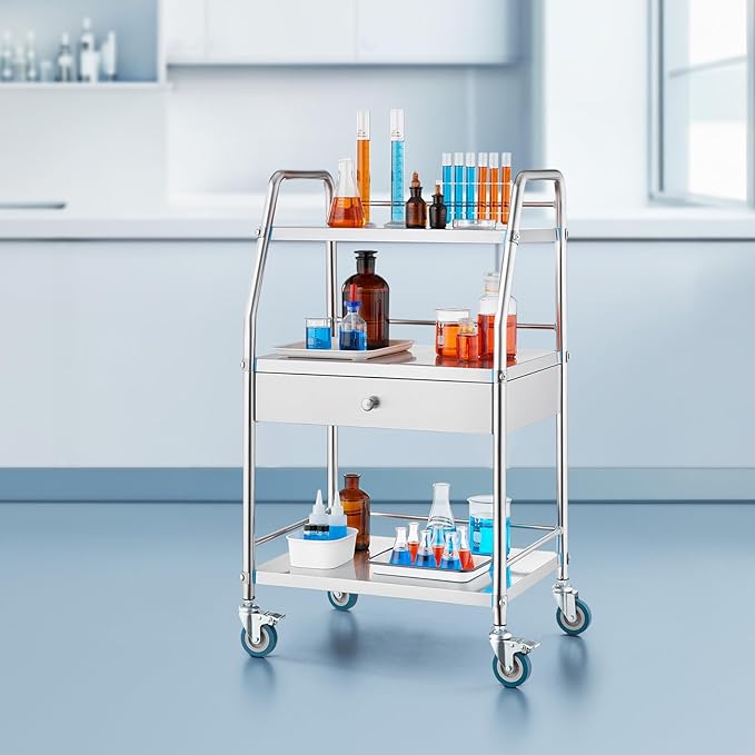 VEVOR Service Cart, 3 Layers Stainless Steel Utility Rolling Cart with Drawer, Lockable Wheels, Ideal for Laboratory, Hospital, Dental Use