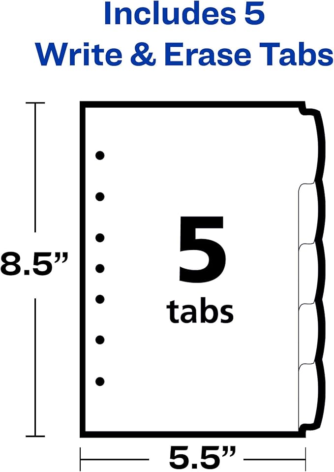 Avery Insertable Style Edge Plastic Mini Dividers for 3 Ring Binders, 5.5" x 8.5", 5-Tab Set, Multicolor, 1 Set (11118)