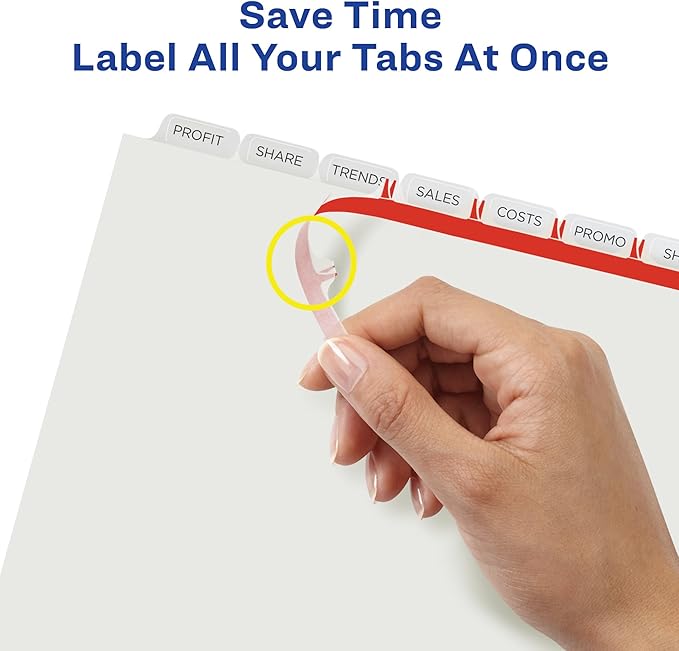 Avery 8 Tab Plastic Dividers for 3 Ring Binder, Easy Print & Apply Clear Label Strip, Index Maker Customizable Frosted White Tabs, 5 Sets (12450)