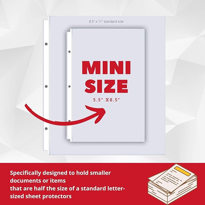 Office Werks Heavyweight Clear Mini Sheet Protectors Holds 5.5 x 8.5 Inches Sheets, Fits a 3-Ring Binder, Crystal Clear, Acid-Free, Archival Safe with Reinforced Holes, Top Loading (200 Pack)