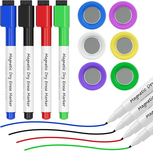 MaxGear Strong Round Magnets with 4 Dry Erase Markers, 6 Colorful Whiteboard Accessories Set for Glass White Board, Refrigerator, Office, Classroom, and Home Use
