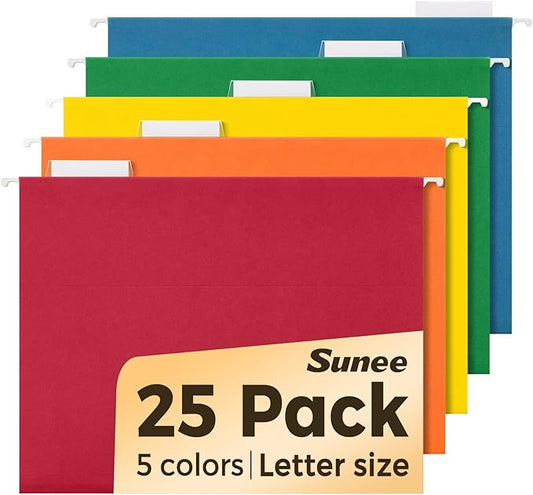 SUNEE Hanging File Folders Assorted Colors, 25 Pack File Folders Letter Size with 1/5-cut Tabs, Stay Organized for Your Home and Office Bulk File and Documents