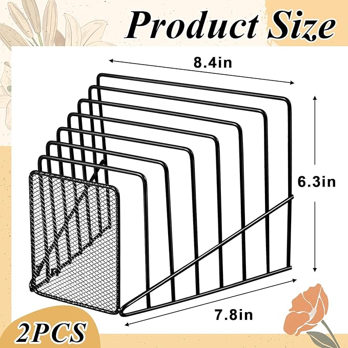 2 Pcs 7 Section Wire File Organizer for Desk, Metal Mesh Incline File Holder, Letter & Magazine Folder Rack, Desktop Paper Sorter for Home Office School (Black)