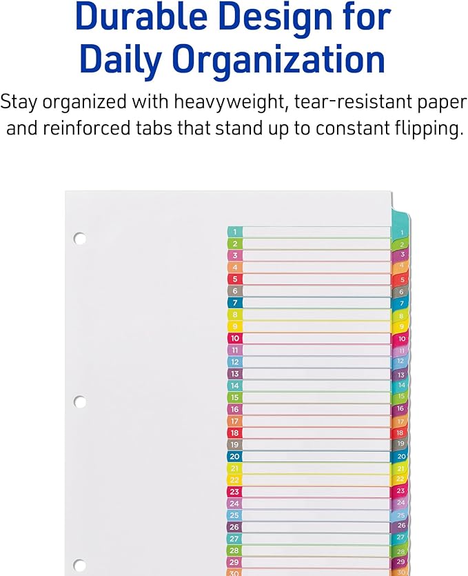 Avery 1-31 Dividers for 3 Ring Binders, 31 Tabs per Set, Customizable Table of Contents, Multicolor Arched Tabs, Great for Organizing Reports, Projects, and More (12 Sets of 11846)