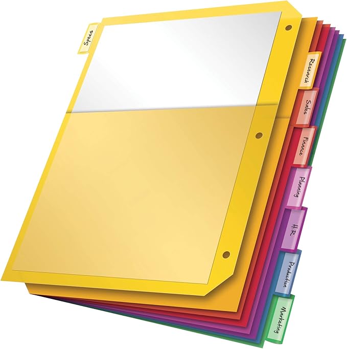 Oxford Plastic 2 Pocket Binder Dividers, 8 Tab 1/8 Cut, Multicolor Large Tab Set, Insertable Dividers with Paper Inserts, Letter Size, 3 Sets (89603) (Pack of 8)