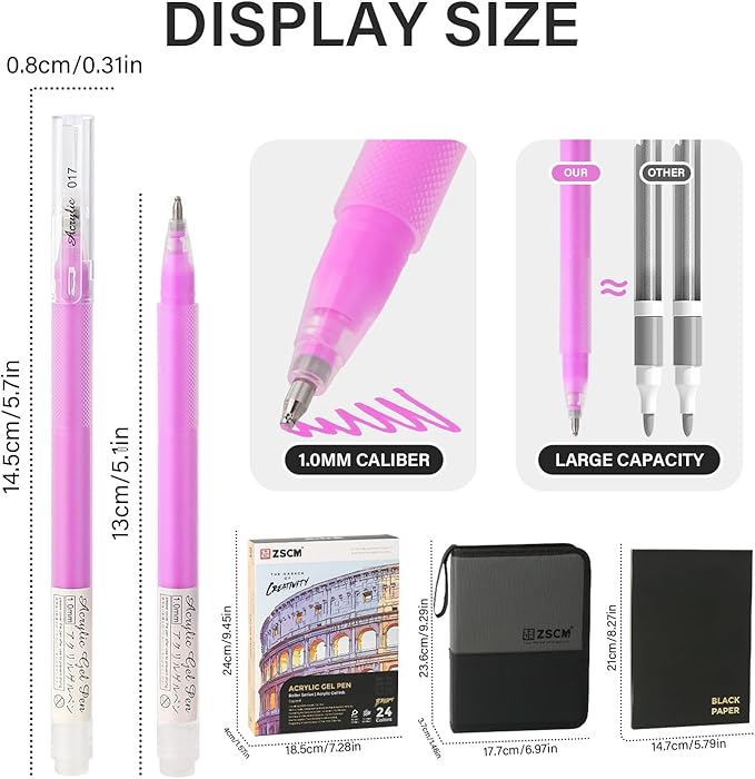 24 Colors 3D Acrylic Gel Pens & Black Paper Sketchbook for Drawing, 1mm Fine Point Acrylic Ink Pen, Opaque Archival Bright Ink Pens for Black Paper Drawing, Sketching, Illustration, Card Making
