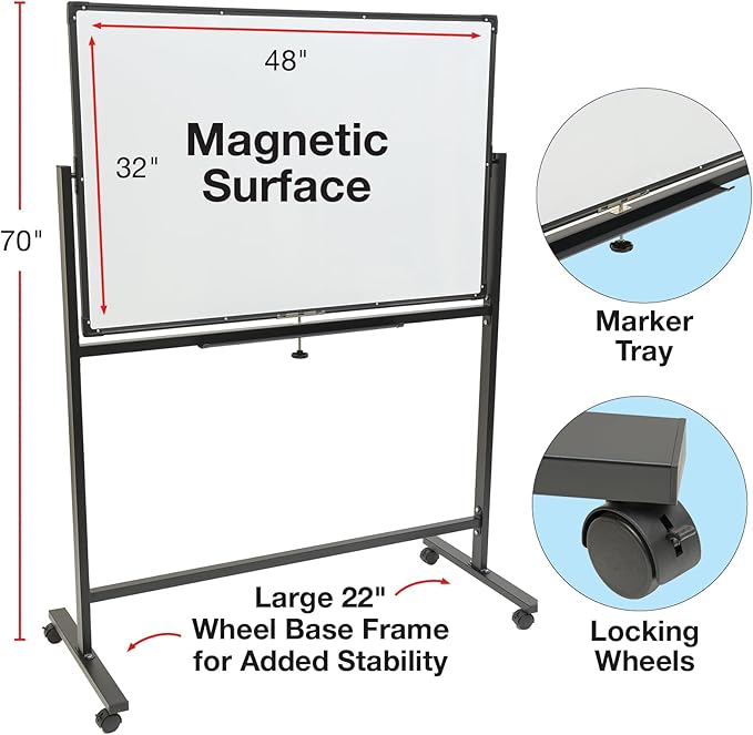 Excello Global Products Large 48"x32" White Board on Wheels: 1 Reversible Magnetic Dry Erase Board with Rolling Stand, 4 Dry Erase Markers, 1 Eraser, 4 Magnets, 1 Marker Tray (Black)