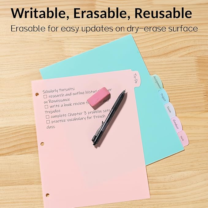 Sooez 8 Tabs Long-Lasting Plastic Write & Erase Large Tabs Dividers for 3 Ring Binder, Aesthetic Cute Pastels Binder Dividers for Student, Teacher, Office, Home Organizers, 12 Sets, Pastels Color
