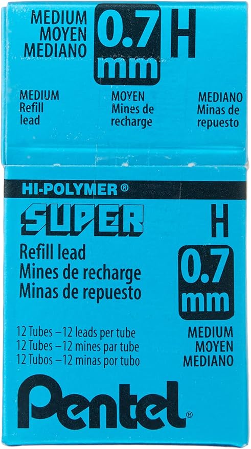 Pentel Super Hi-Polymer Lead Refill, 0.7mm Medium, H, 12 tubes of Lead (50-H) (Pack of 5)