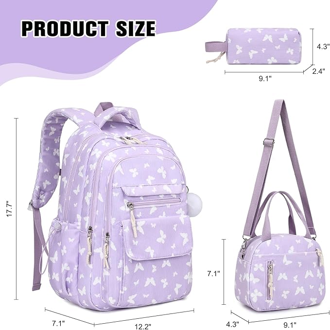 Bevalsa Backpack for Gilrs, 3PCS Corduroy Kids Backpack Set with Lunch Box & Pencil Pouch, Bookbag Daypack Laptop Bag for Women Teens Elementary Middle High School