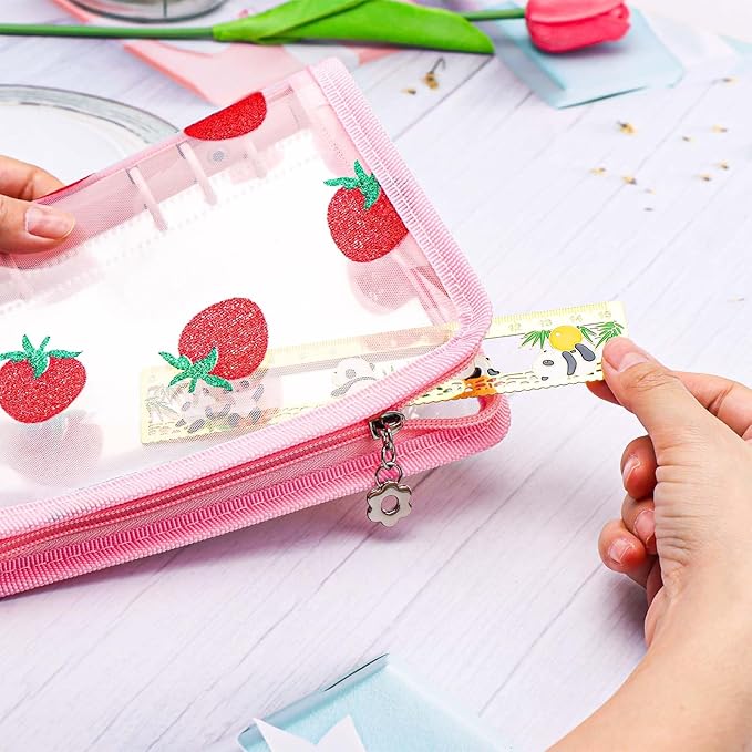 AxeWoodz Pink A6 Zipper Binder Clear Refillable Notebook Shell Cute Strawberry Lace Cover 6 Ring PVC Binder Cover for Photocard Planner Journal Photo Album