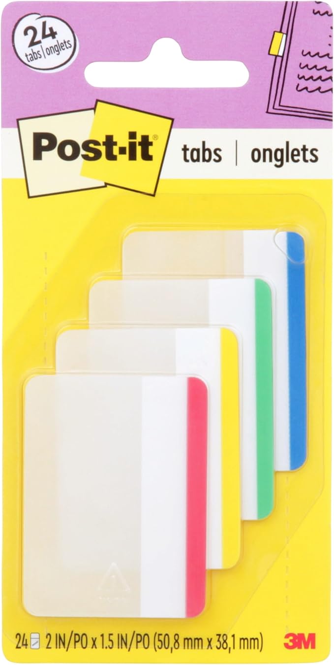 Post-it Tabs, 2 in, Lined, Assorted Primary Colors, 6 Tabs/Color, 4 Colors, 24 Tabs/Pack (686F-1)
