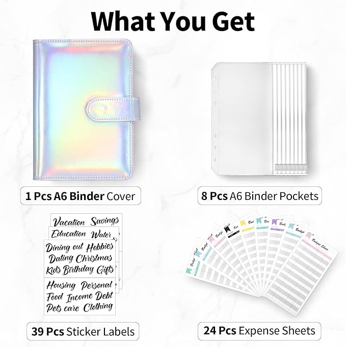 Sooez Laser Silver Money Organizer for Cash, A6 Budget Binder with Cash Envelopes, 39 Black Bold Sticky Labels & 24 Colorful Budget Sheets, Money Saving Binder for Budgeting