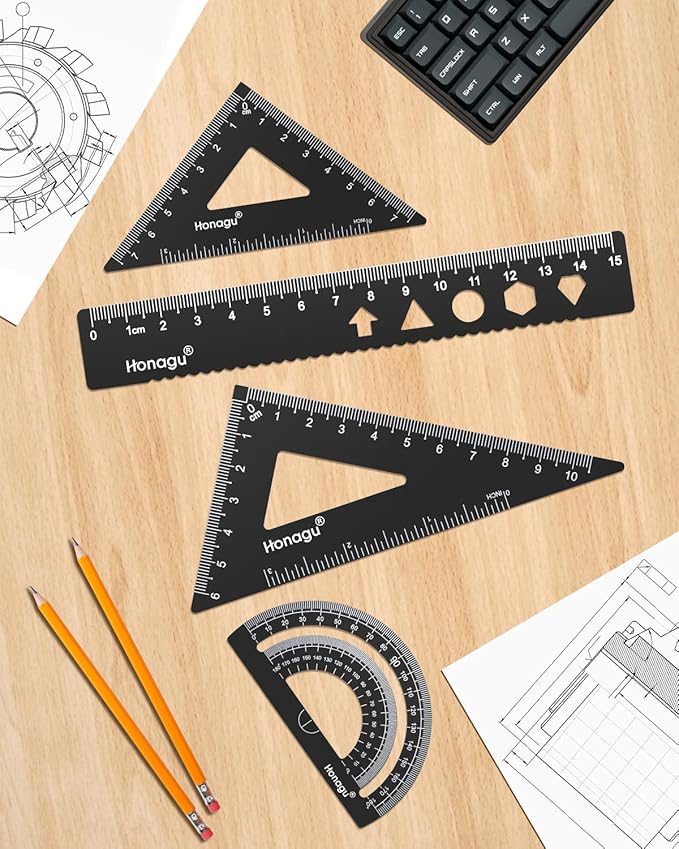 Honagu Triangular Ruler Set, 4 Pieces Aluminum Alloy Ruler, Metal Drafting Ruler, Geometric Protractor for Students, Draftsmen, Engineers, Home School Office Supplies (15cm/5.9inches, Black)
