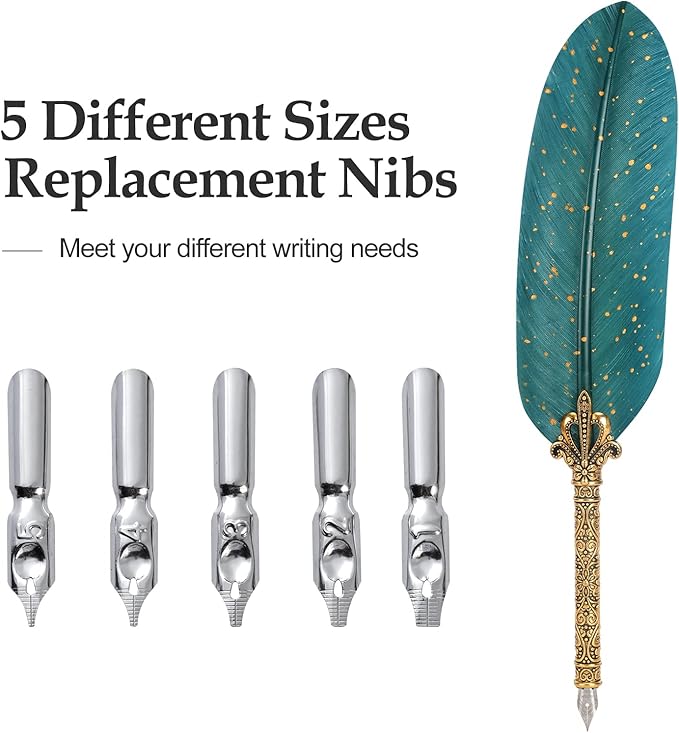 Quill Pen and Ink Set - Feather Calligraphy Dip Pen with Wax Seal Stamp Kit and 5 Nibs (Dark Green)