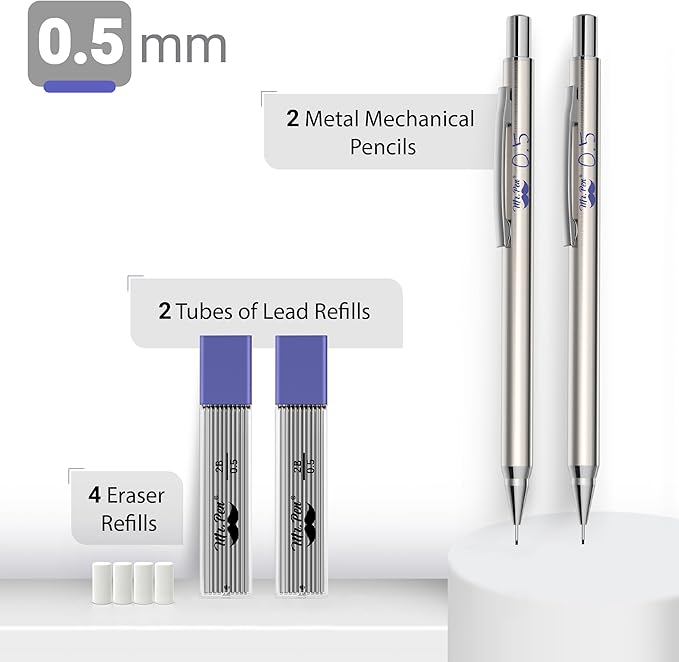 Mr. Pen- Mechanical Pencils 0.5mm, Pack of 2, Metal Mechanical Pencil with Lead and Eraser, Drafting Pencil, Drawing Pencil, 0.5 Mechanical Pencils