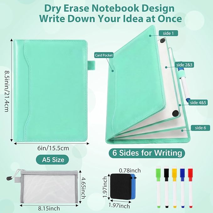 6 Sides Dry Erase Notebook Portable Whiteboards Notebook 9"x6"(a5) Small Reusable Whiteboard Notepad Foldable Anti-ghosting Surface, Travel White Board for Office Study Meeting Planning
